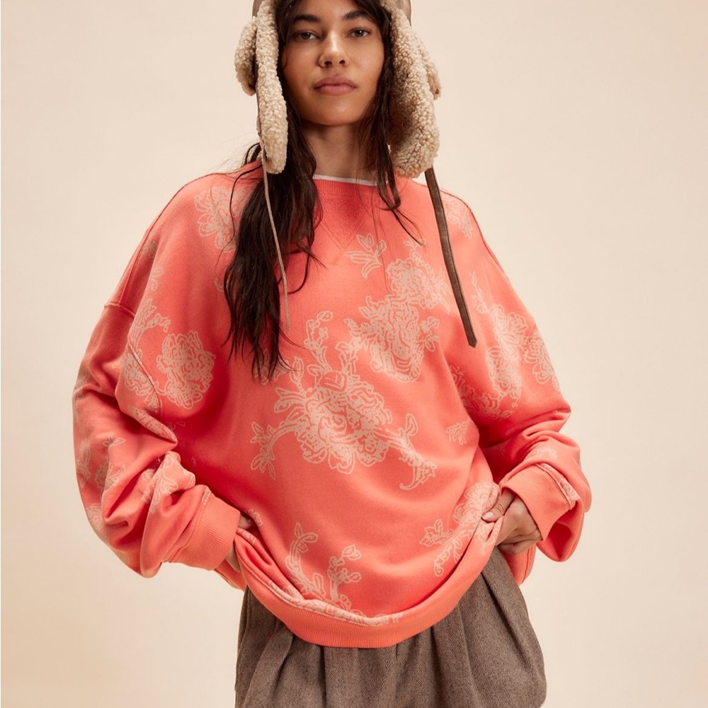Free People We the Free Classic Printed Oversized Crewneck in Coral Combo